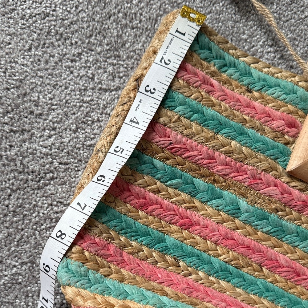 Antik Kraft hand made square wood handle striped pink green jute Bag - Picture 6 of 10